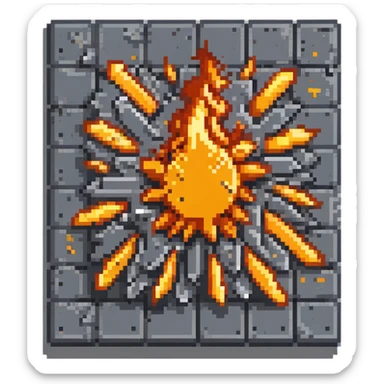 Industrial metal wall explosion tile, slate colored (#334155) metal fragments and debris flying from center, bright orange and yellow flames, metallic sheen on fragments, rivets visible on some pieces, pixel art style sticker