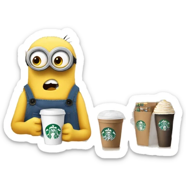 Despicable 4 character mega minion shopping, while drinking starbucks with eyelashes sticker