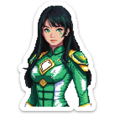 wasian girl in a green Power Ranger suit, black straight hair, black eyes sticker