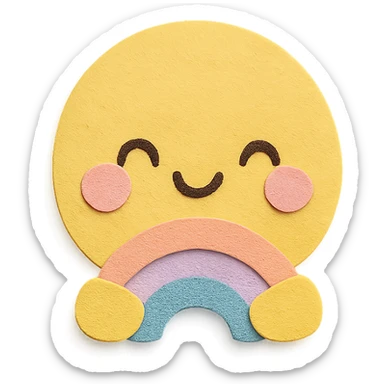 kawaii yellow sun, hugging tiny rainbow arc, soft pastel palette, no arms or legs, transparent background, full body, paper craft style sticker