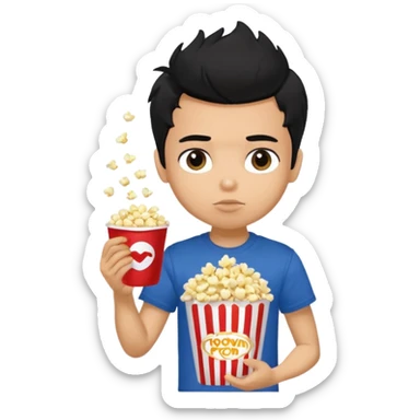 generate a pretty tan bratz boy with a dark blue tshirt on. eating popcorn. messy black hair sticker