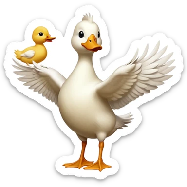 A duck and a goose and a chicken doing a cheer stunt the duck is the flyer and the goose is the base and the chicken is the back spot sticker