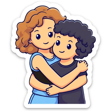 girl with long light brown hair and pale skin hugging a boy with black curly hair and tanned skin sticker