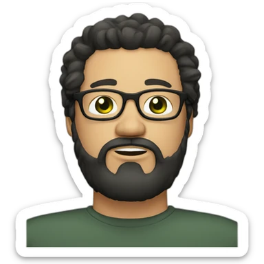 white overweight man, full black beard, side parted black hair, square glasses, olive-green eyes sticker