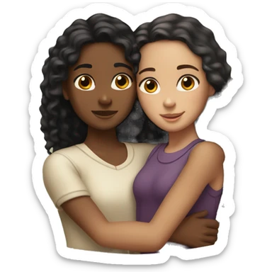 a brown skinned woman with long brown curly hair hugging a younger white skinned girl with straight black hair sticker
