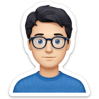 Caucasian male with wavy black hair wearing eyeglasses and a blue long sleeve pullover sweater sticker