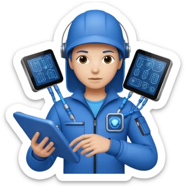cybernetic person with digital toolkit, digital vibes, blue outfit, average skin color sticker