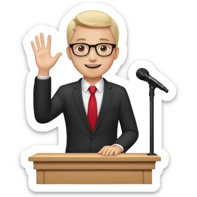 A professional clean-shaven man in a dark business suit and red tie standing behind a wooden podium, speaking confidently. A small microphone is placed on the podium. The man has glasses, a friendly smile, and open hand gestures. Soft studio lighting, neutral dark background, realistic emoji style. sticker