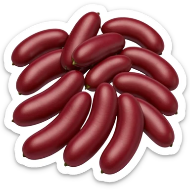 3 to 5 red kidney beans, loosely arranged, smooth glossy surface, deep reddish-maroon color, typical curved kidney shape, slight natural variations in size, shape, and hue, dry polished texture, 3D-rendered, clean, minimal, soft shadows, no faces or packaging, transparent background, emoji scale sticker