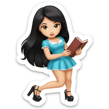 Bimbo walking, platform heels, mini dress, black hair, picking up book from ground, hot, curvey, bratz sticker