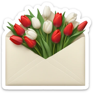 Light beige Envelope with 4 red tulips and 4 white tulips in. Just put more tulips in and make envelope colour lighter. Make envelope an off white colour. Make envelope wider sticker