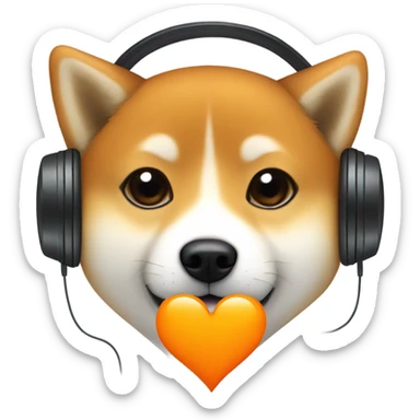 shiba inu in headphones and orange heart sticker