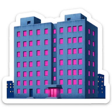 Soviet-style apartment block at night, stark concrete silhouette against dark blue night sky, single window emitting vibrant pink ultraviolet light, ghetto ambience sticker