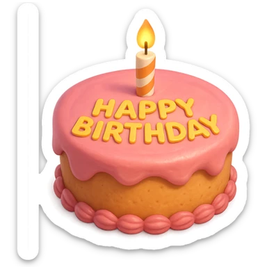Draw a Pixar-style birthday cake with pink frosting and a single candle. The cake should be visible from the front and top. sticker