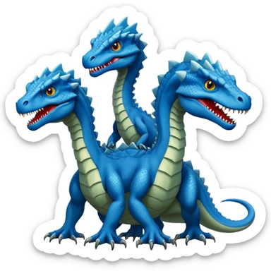 blue hydra, strong reptilian body, like a dinosaure, not like a snake, dragon characteristics,  with 3 heads rising from its neck sticker