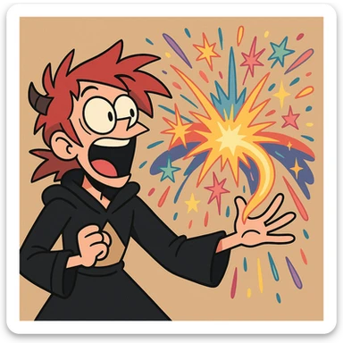 magic fireworks, bold colors, dynamic explosion, cartoon style sticker