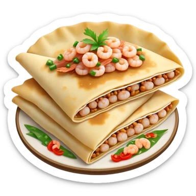 Bánh Xèo Cinematic Realistic Bánh Xèo Dish Emoji, depicted as a crispy, folded semi circle crepe filled with tiny shrimp and pork, rendered with dynamic textures and vibrant, appetizing lighting. sticker