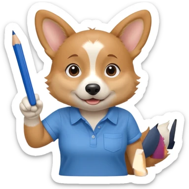 perrita caricatura gorgi gales trabajadora con camiseta celeste apuntando con un lapiz hacia el costado izquierdo sticker