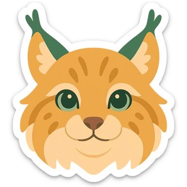 A cute and soft lynx face with big, expressive eyes, designed in a warm and magical color palette: golden orange (FA9B41), forest green (4A7C5C), muted taupe brown (96775A), and pastel peach (FFCC9A). The lynx’s fur is fluffy and soft, with a mix of warm browns and golden highlights. Its ears are tipped with tufts of fur in greenish tones, and its cheeks are gently rounded with subtle peach accents. The eyes are bright and curious, surrounded by soft fur in the warm color palette. The overall look is adorable, serene, and enchanting, evoking a gentle, woodland atmosphere. sticker
