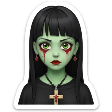 zumbi verde com olhos vermelhos sangrando e franja roupa preta e um crucifixo como colar, sem ser na testa e um piercing no nariz bem feminino a franja reta também  sticker