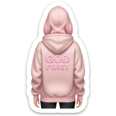 back view of a hoodie Pale pink color with stronger pink letters sayin God Is First  sticker