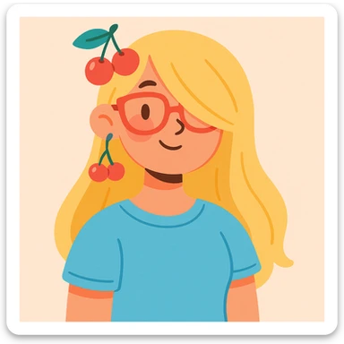 A woman with long blonde hair covering one eye, baby blue shirt, cherry accessories on her head, and red glasses, soft pastel illustration style sticker