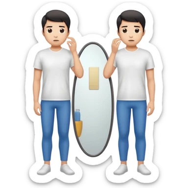 A young Asian guy is sadly examining his body in a full-length mirror. sticker