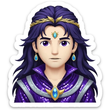 Boreas, God of North Wind from Gods and Goddesses with long black shaggy hair, dark purple sequin outfit sticker