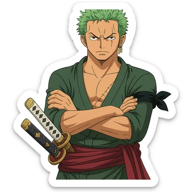Zoro Roronoa from One Piece, anime style, crossed arms, swords visible, determined look sticker