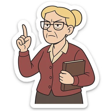 strict and fair senior category math teacher, blonde woman with glasses, flat toon style sticker