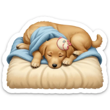 A Golden Retriever puppy sleeping peacefully on a soft blanket indoors. Cozy home environment, natural lighting, soft focus, adorable realism. sticker