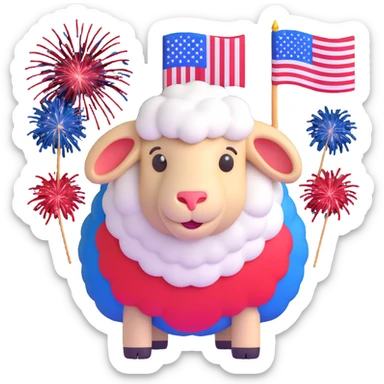 sheep emoji with red, white, and blue decorations, surrounded by fireworks and an American flag sticker