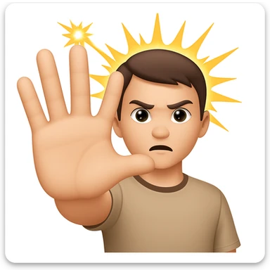 Make the arm fully outstretched toward the viewer so it is not visible behind the hand. The open palm hand should take up even more space, dominating the image. Keep the wrathful, destructive facial expression and lightning blasts in the background in the style of apple style emojis. sticker