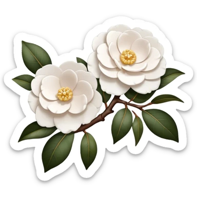 2 white camellias, no leaves, only brown branches  sticker