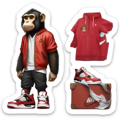 Monkey wearing Jordan 4 on its  feet with a bunch of Nike clothes sticker