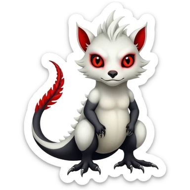 a white exotic edgy vernid-fionbri-creature, with black belly and red eyes, full body sticker