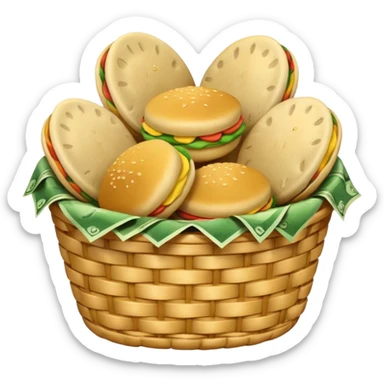 baskets, some overflowing with money, others with colombian arepas sticker