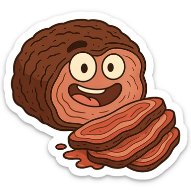 cartoon style brisket, exaggerated juicy slices, bright colors, no background sticker
