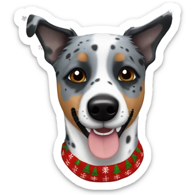 Blue heeler dog with one black spot on left eye in a Christmas sweater sticker