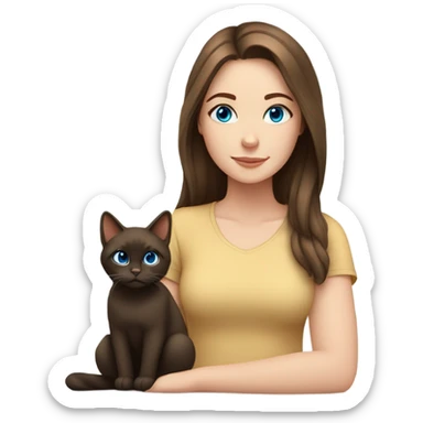 white girl with dark brown hair and blue eyes with a brown cat sticker