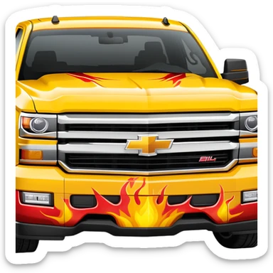 Bright yellow Chevrolet Silverado with red flame artwork exclusively on the front bumper, clean hood, exactly as in Kill Bill, 30-degree angle showcasing bumper detail, iOS emoji style sticker