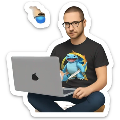 a colombian software engineer wearing a t-shirt with the band metallica. the engineer is writting on a laptop. next to the engineer is a squirtle pokemon that is his pet sticker