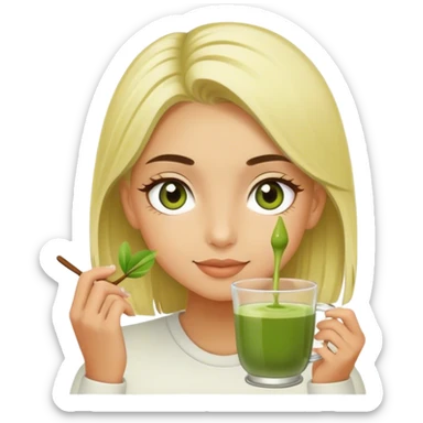 a blondie girl with olive eyes enjoying her matcha sticker