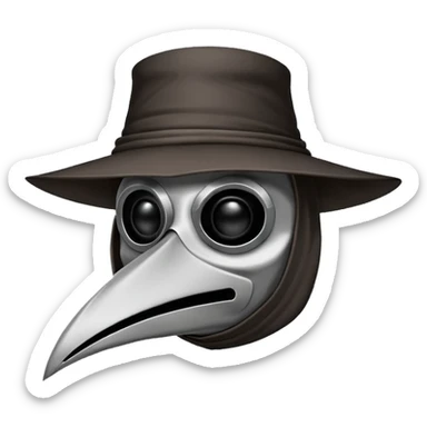 Morbid medieval plague doctor mask with a wide, sinister smile, visible in the empty eye sockets a tiny glow. Clean, stylized lines, flat vector illustration suitable for a small emote. Stylized as a medieval woodcut or metal engraving. Black and white with one accent color  sticker