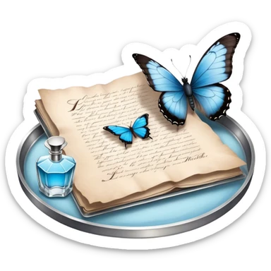 A nostalgic evening scene where an open love letter, with elegantly fading ink, lies next to a silver tray holding a vintage perfume bottle. A single pale blue butterfly lands gently on the aged parchment, as the soft scent of jasmine and peonies fills the air. sticker
