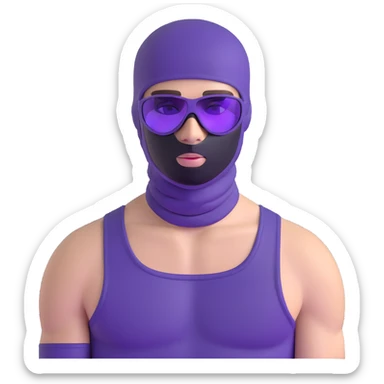 shirtless athletic man with white skin, wearing a purple balaclava face mask and purple sunglasses with black tinted lenses sticker