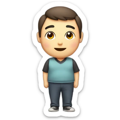 Fat, slightly thin, droopy eyes and eyebrows, thick lips, big head, smiling with a pencil, cute Japanese guy sticker