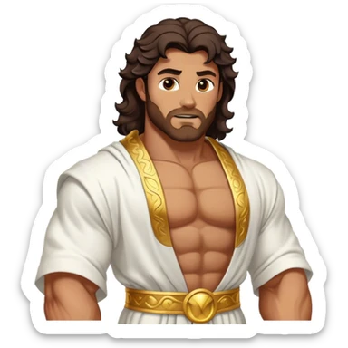 Cinematic Realistic Hercules Portrait, depicted as a classical Greek statue with a robust, muscular build and perfectly chiseled features. His bronze, sun-kissed skin has a timeless, marble-like quality, and his thick, wavy dark hair frames a face exuding determination and quiet nobility. Draped in a flowing white robe with subtle golden accents, the portrait is rendered under dynamic natural lighting that highlights every sculpted detail and evokes the majesty of ancient myth. sticker