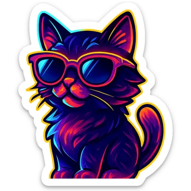 cat with sunglasses with neon glow, vibrant toon style sticker