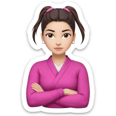 Character: Go-getter, confident, intelligent, composed
Emoji Look:

Light gray eyes, very noticeable

Well-shaped eyebrows, strong appearance

Upper ponytail

Street fashion look
Fair skin with a pink undertone

Arms crossed pose
Feeling: Girl Boss, cool beauty, minimal but powerful sticker